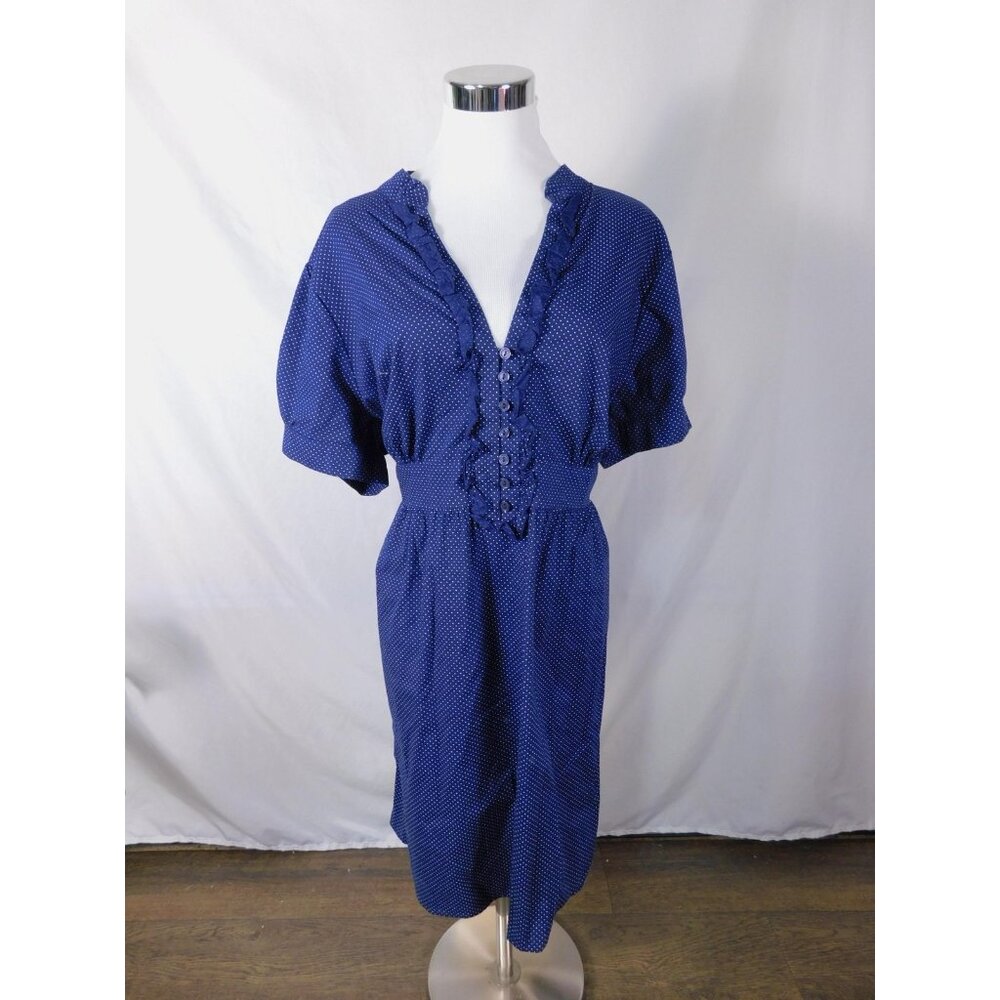 Sam & Max Dress Womens 2X Blue Polka Dot V Neck Ruffle Puff Sleeve Belted Midi